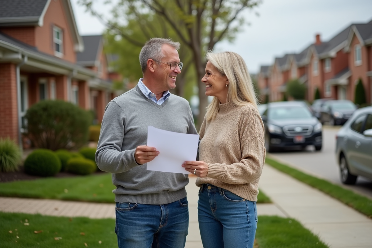 Couple discutant de documents de mortgage devant une maison