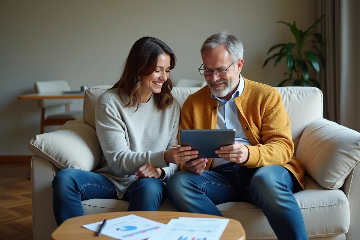Couple consultant leur compte en ligne EDF ENR sur une tablette dans leur salon