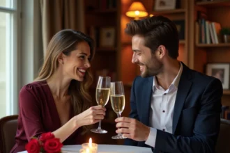 Couple marié partageant un moment romantique à table pour la Saint-Valentin avec une lettre d'amour manuscrite et des roses rouges