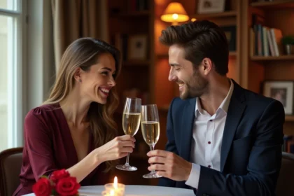 Couple marié partageant un moment romantique à table pour la Saint-Valentin avec une lettre d'amour manuscrite et des roses rouges