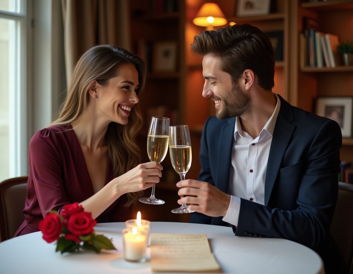 Couple marié partageant un moment romantique à table pour la Saint-Valentin avec une lettre d'amour manuscrite et des roses rouges