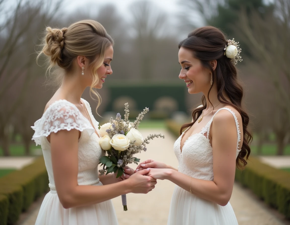 Couple féminin échangeant leurs voeux de PACS dans un jardin français romantique un jour de Saint-Valentin