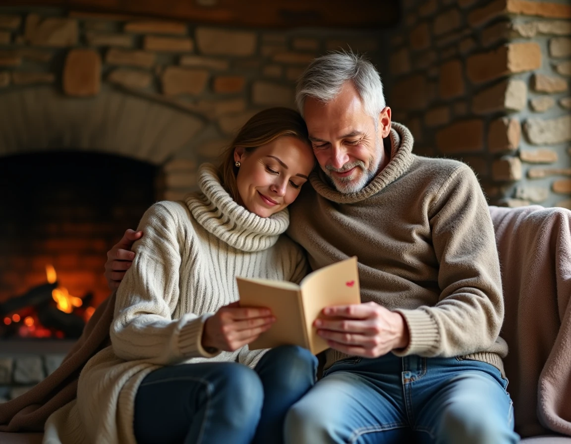 Couple mature lisant une carte de Saint-Valentin près d'une cheminée dans un chalet rustique français