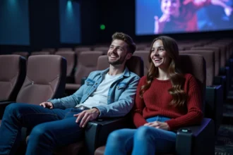 Jeune couple souriant dans une salle de cinéma 4DX