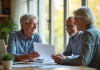 Couple senior souriant avec conseiller financier dans un salon lumineux