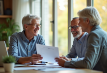 Couple senior souriant avec conseiller financier dans un salon lumineux