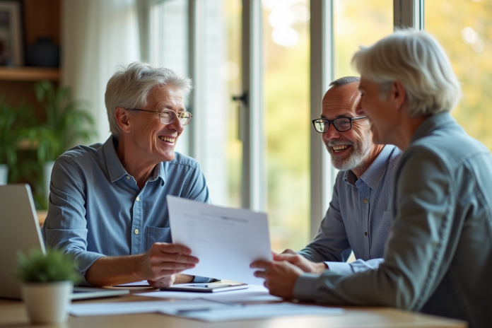 Couple senior souriant avec conseiller financier dans un salon lumineux