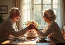 Couple senior souriant à table avec gâteau et fleurs