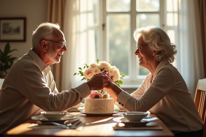 Couple senior souriant à table avec gâteau et fleurs