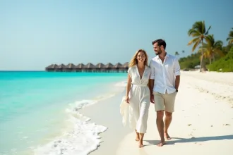 Couple souriant sur plage de Maldives en vacances