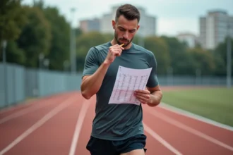 Coureur masculin sur une piste d'athlétisme consultant un plan d'entraînement avec des conversions miles en kilomètres