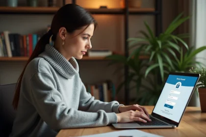Femme créant son compte client EDF ENR en ligne depuis un bureau à domicile
