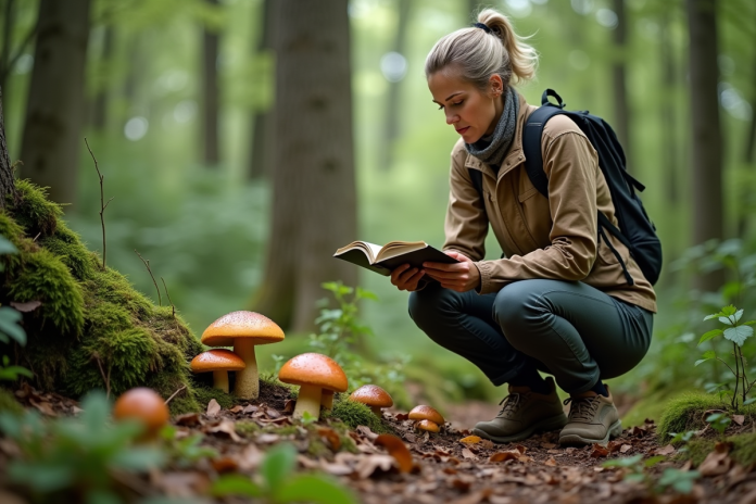 cueillette-champignons-fort Femme cueillant un bolet dans la forêt dense