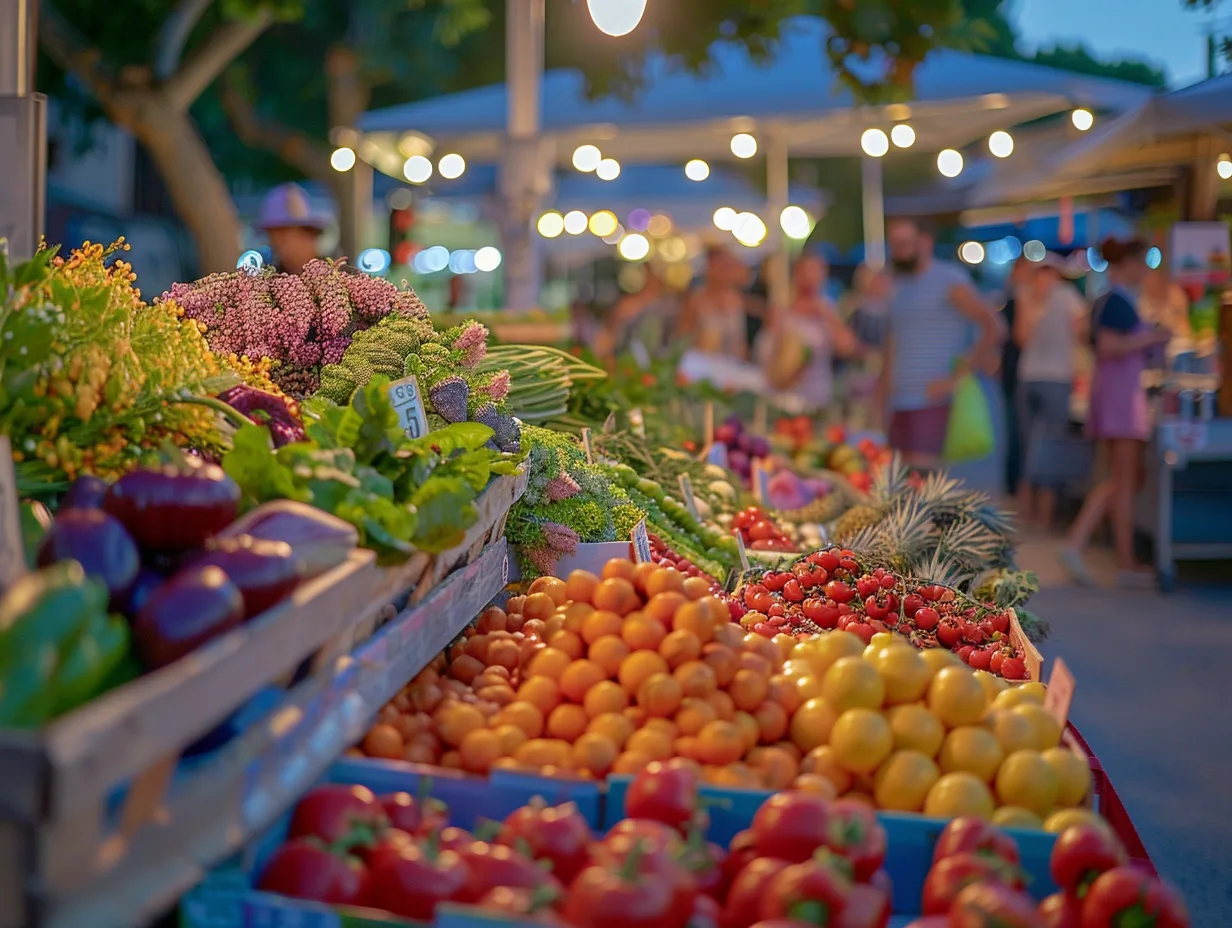 Marché nocturne d'Argelès-sur-Mer avec étals colorés et produits artisanaux