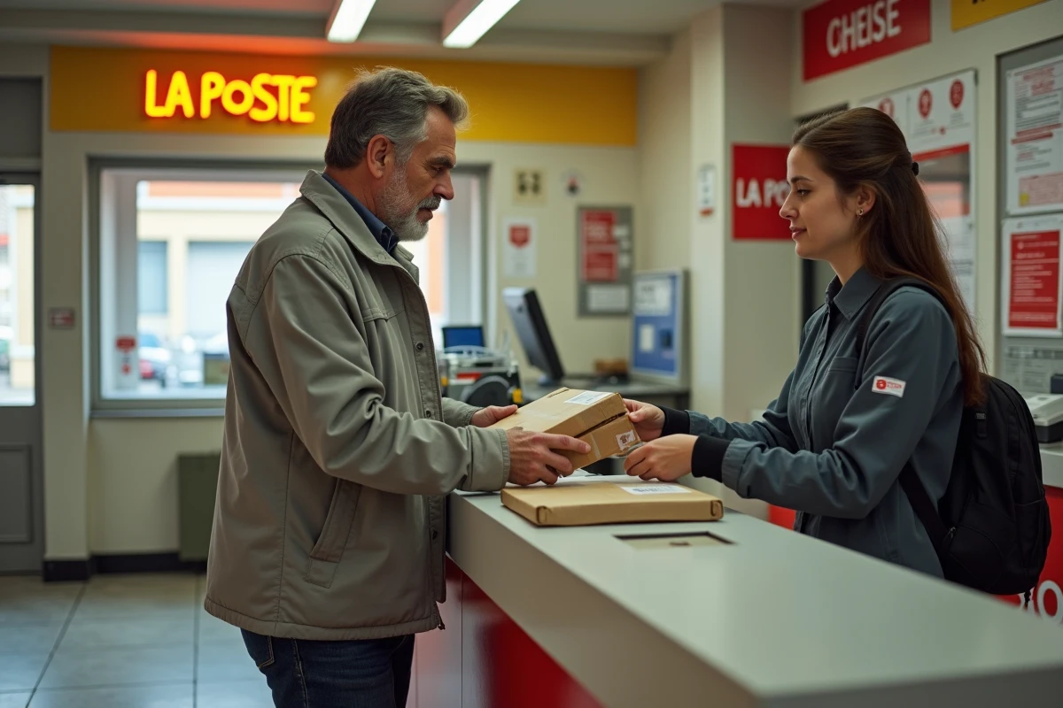 Client déposant un colis de retour au guichet d'un bureau de La Poste en France