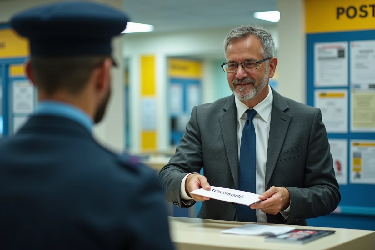 Homme en costume remettant une lettre recommandée au guichet d'un bureau de poste