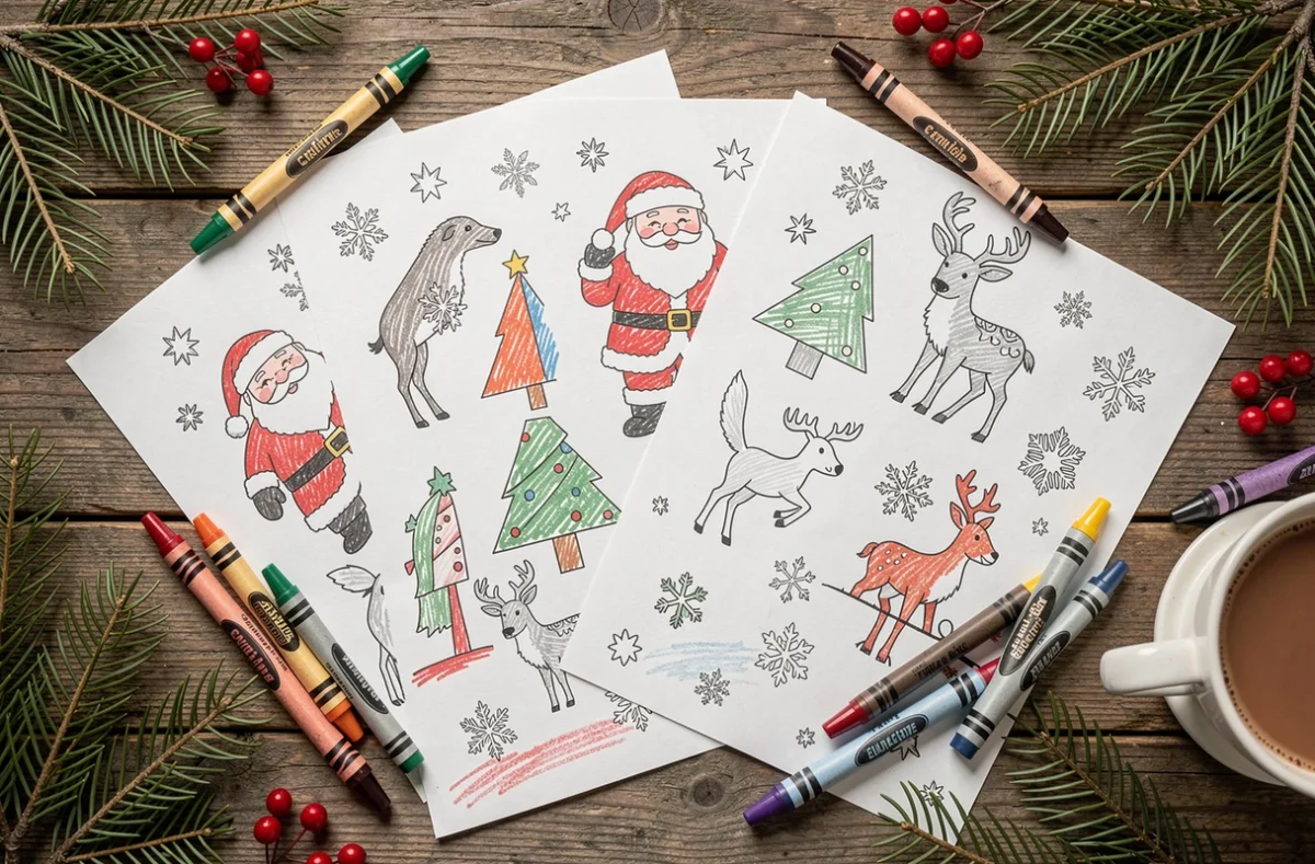Vue de dessus de dessins de Noël à imprimer et colorier posés sur une table en bois avec crayons et décorations festives