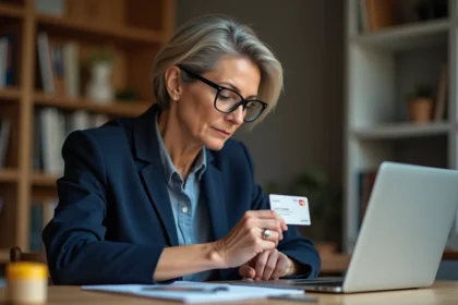 Femme examinant attentivement une Carte Couronne Stellaire pour détecter une contrefaçon