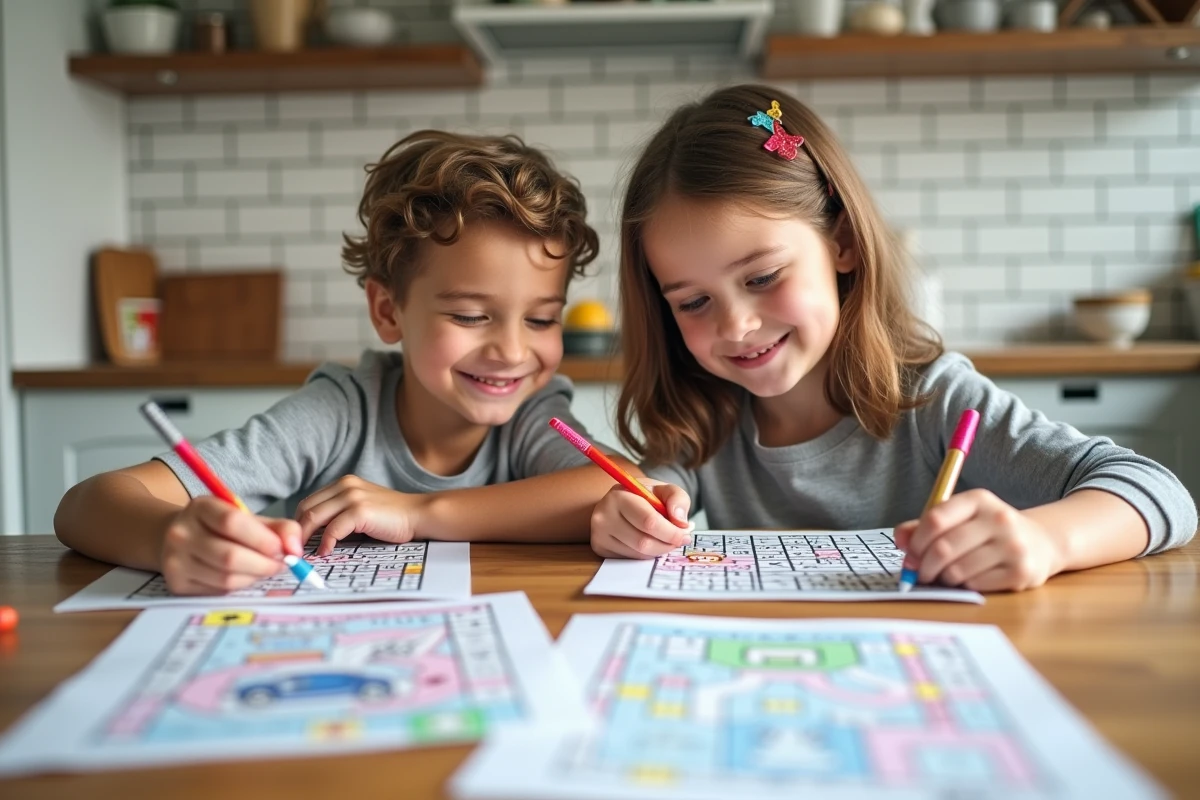Deux enfants assis côte à côte à la table de cuisine en train de colorier des feuilles de pixel art imprimées avec des feutres