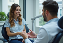 Adult souriant discutant du coût des implants dentaires avec un dentiste dans un cabinet moderne