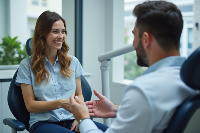 Adult souriant discutant du coût des implants dentaires avec un dentiste dans un cabinet moderne