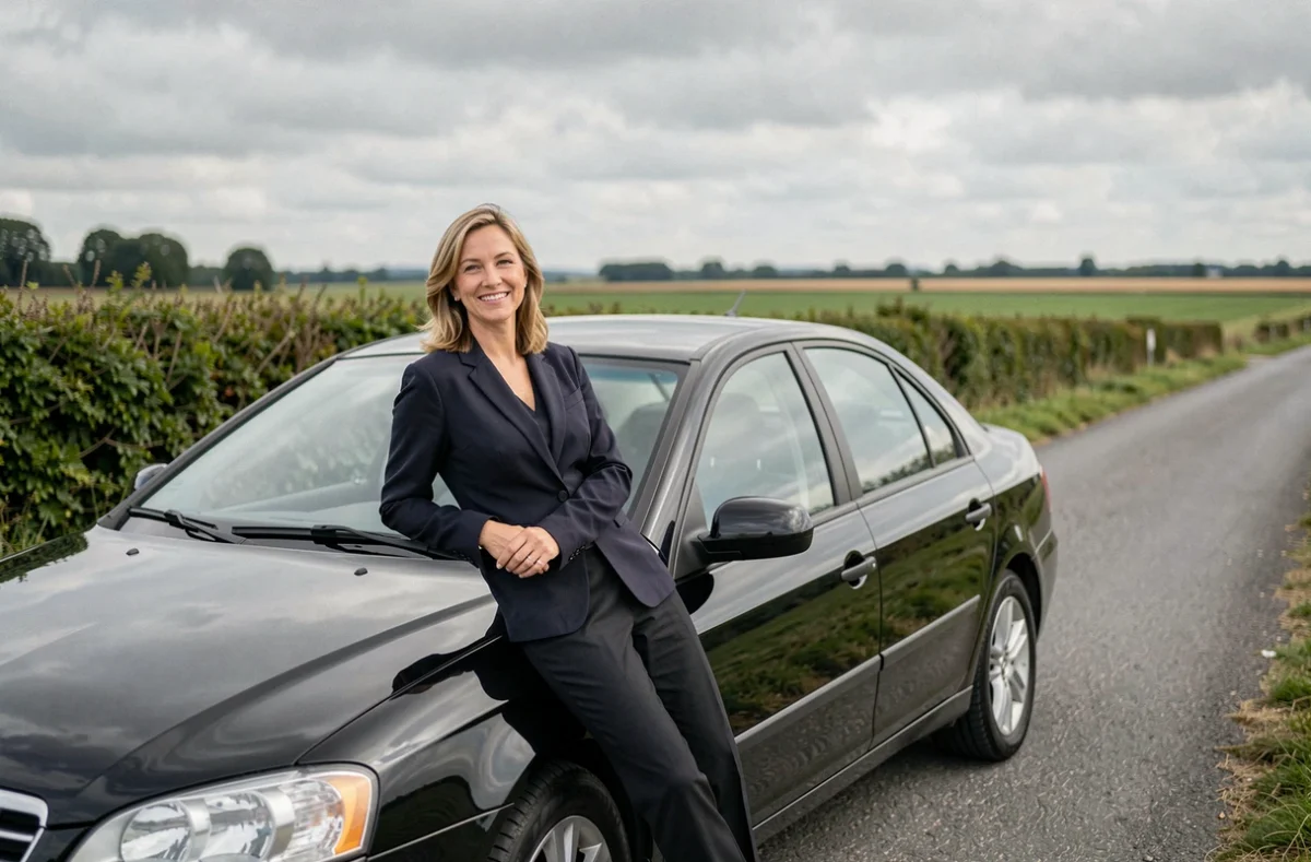 Chauffeuse VTC indépendante appuyée contre sa berline noire sur une route de campagne du Nord-Pas-de-Calais