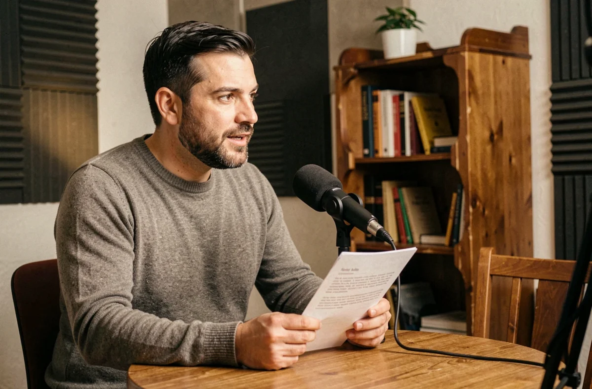 Doukhan David enregistrant un podcast pour vulgariser la politique au grand public dans un studio acoustique