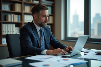 Économiste homme analysant des graphiques financiers dans un bureau moderne