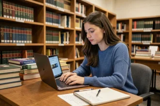 Jeune femme consultant une encyclopédie collaborative en ligne sur son ordinateur portable dans une bibliothèque universitaire