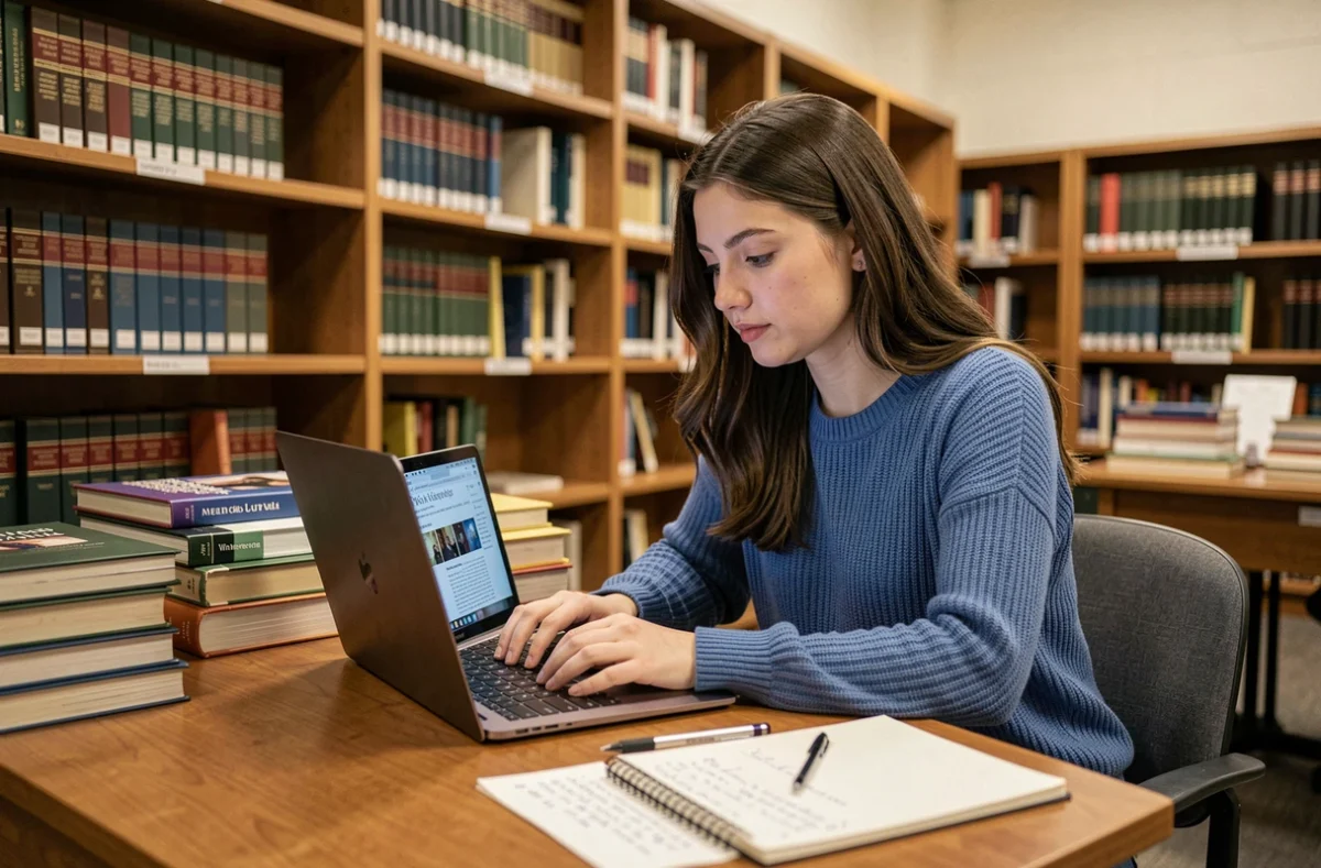Jeune femme consultant une encyclopédie collaborative en ligne sur son ordinateur portable dans une bibliothèque universitaire