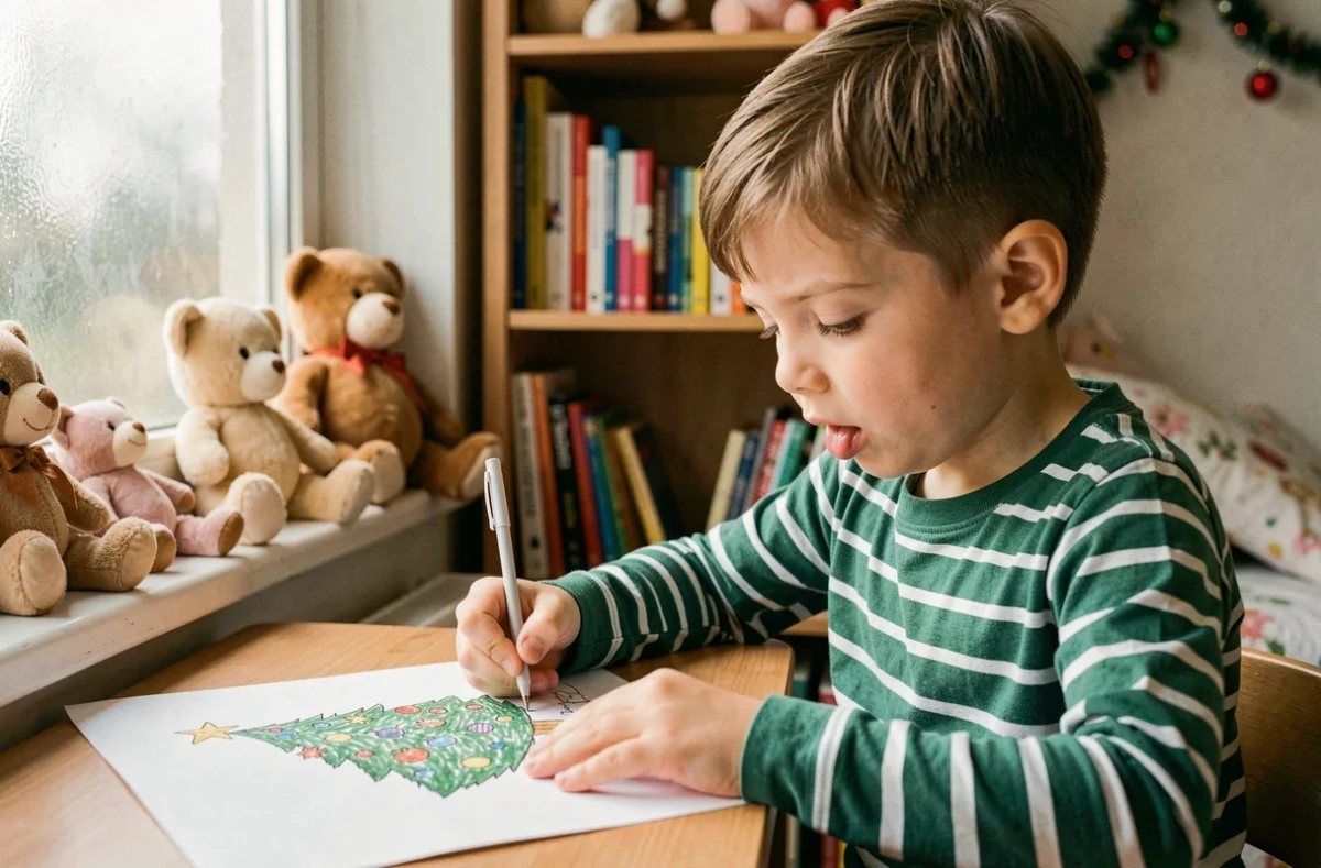 Enfant concentré en train de colorier un dessin de Noël imprimé assis à son bureau près d'une fenêtre