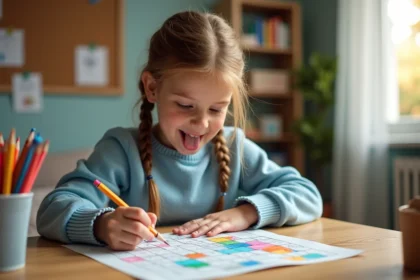 Jeune fille concentrée qui colorie un dessin pixel art imprimé sur papier quadrillé avec des crayons de couleur à son bureau