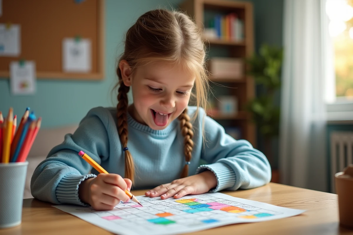 Jeune fille concentrée qui colorie un dessin pixel art imprimé sur papier quadrillé avec des crayons de couleur à son bureau