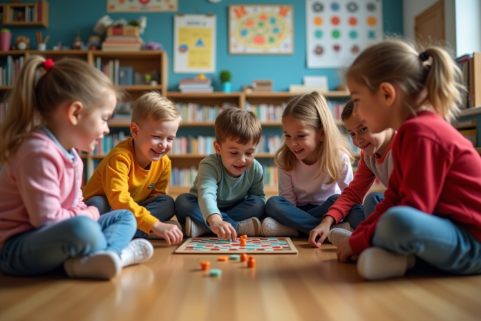 enfants-jeu-cooperative Groupe d'enfants jouant à un jeu de société en classe