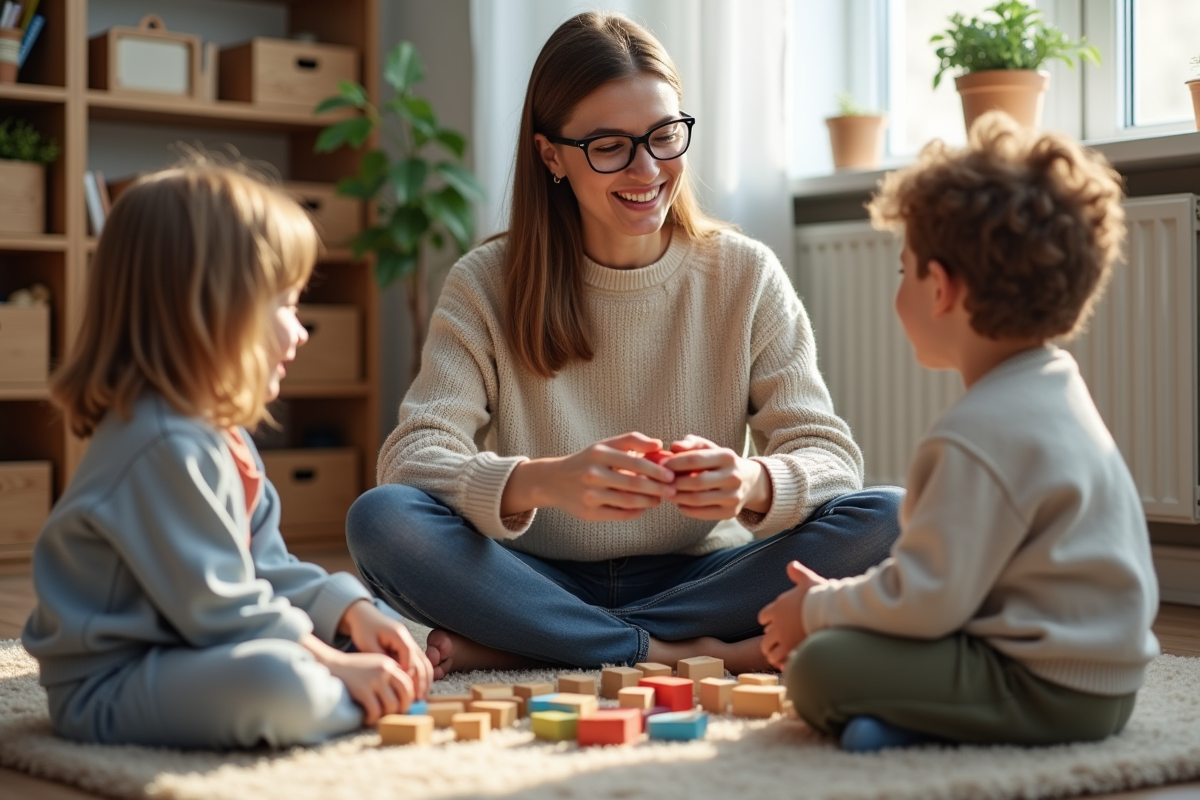 Enseignante avec enfants manipulant des blocs de construction