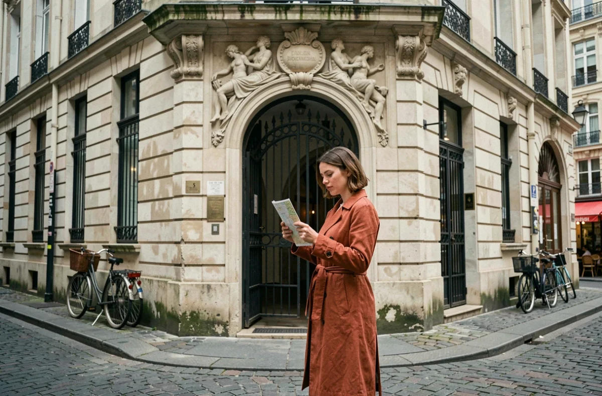 Entrée du Passage Vivienne depuis la rue avec son arche néoclassique en pierre sculptée