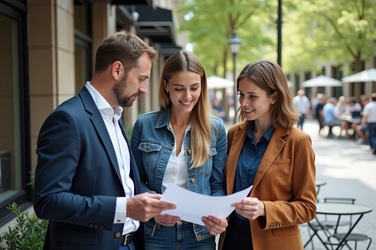 Trois entrepreneurs discutent dehors près d