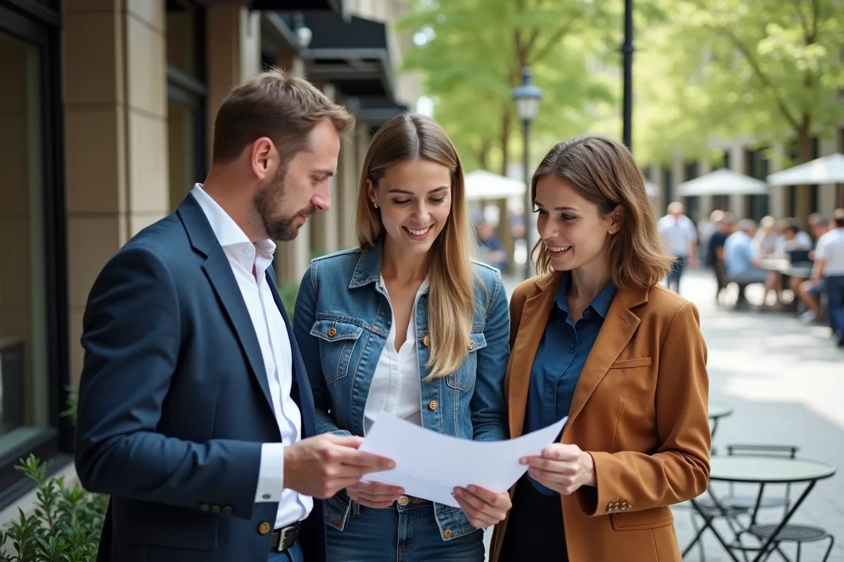Trois entrepreneurs discutent dehors près d