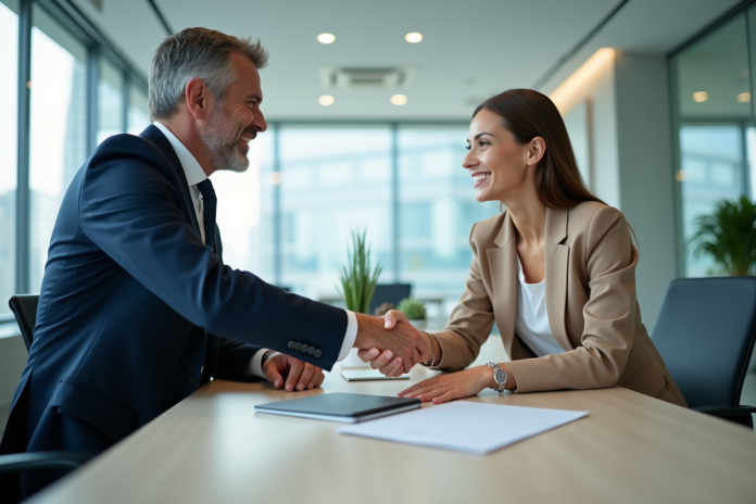 equipe-affaires-serrure-main Deux professionnels d'affaires se serrent la main dans un bureau moderne