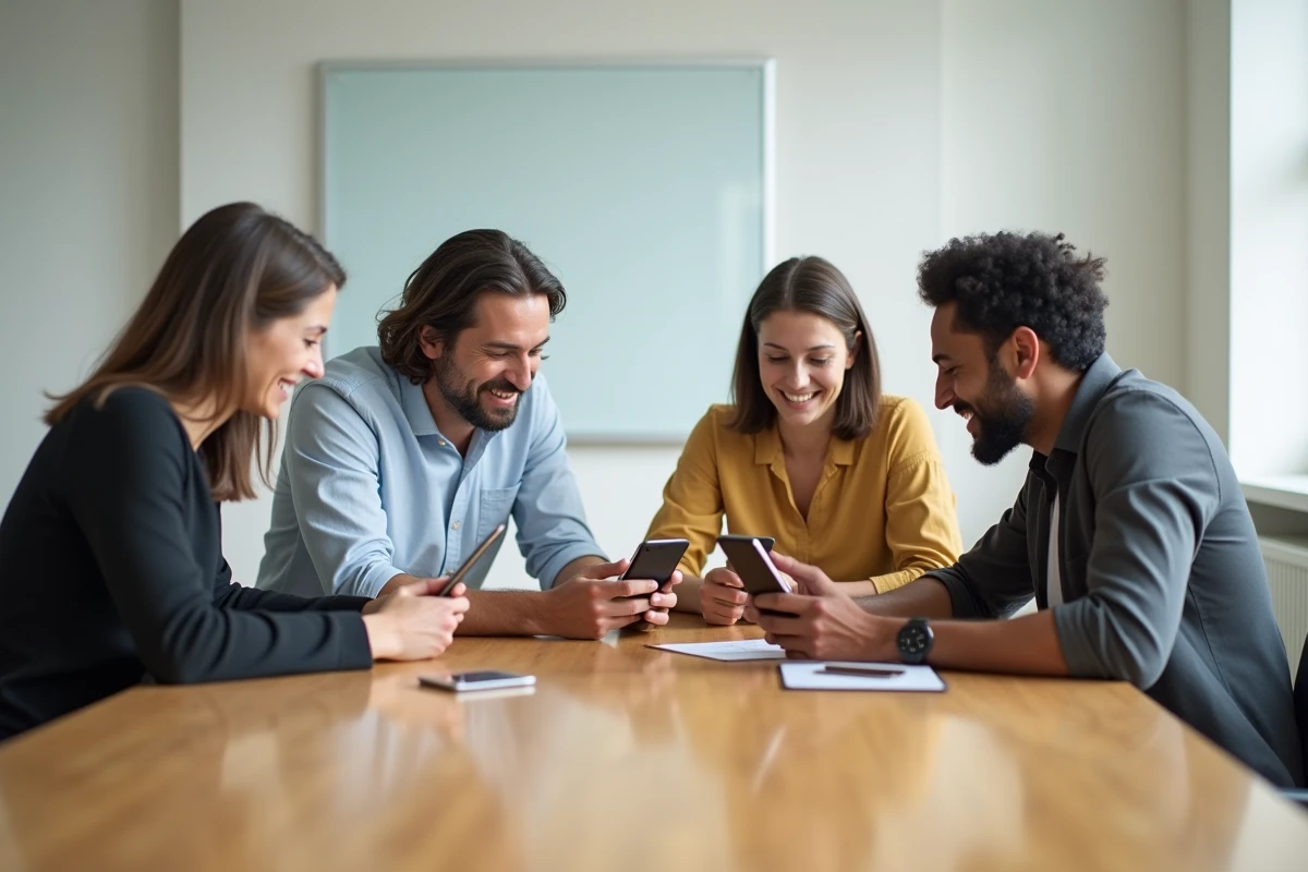 Equipe de collègues discutant avec smartphones en réunion