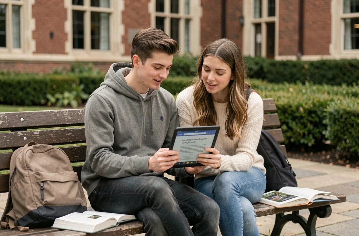 Deux étudiants révisant ensemble une encyclopédie collaborative en ligne sur une tablette en plein air sur un campus universitaire