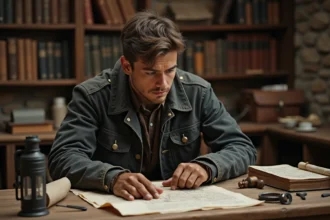 Explorateur étudiant des cartes d'expédition manuscrites sur un bureau rustique, évoquant la durée de vie et la profondeur narrative de Clair Obscur Expedition 33