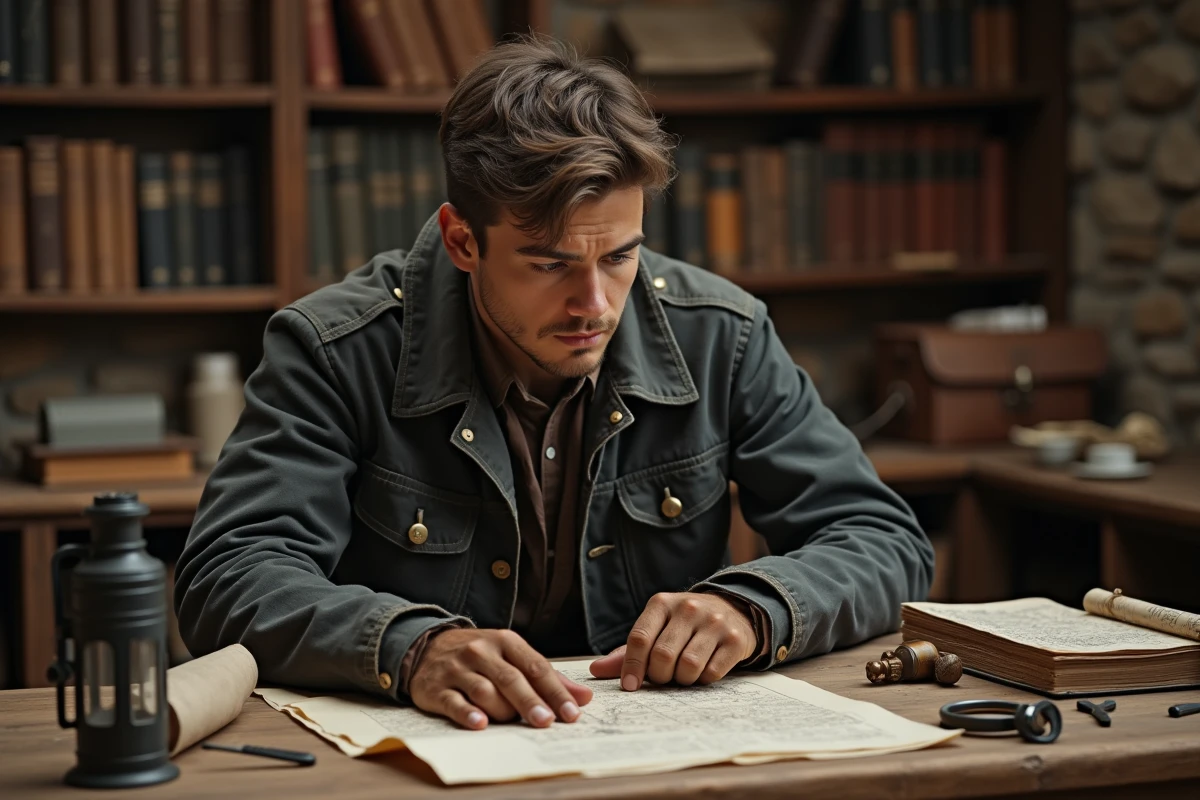 Explorateur étudiant des cartes d'expédition manuscrites sur un bureau rustique, évoquant la durée de vie et la profondeur narrative de Clair Obscur Expedition 33
