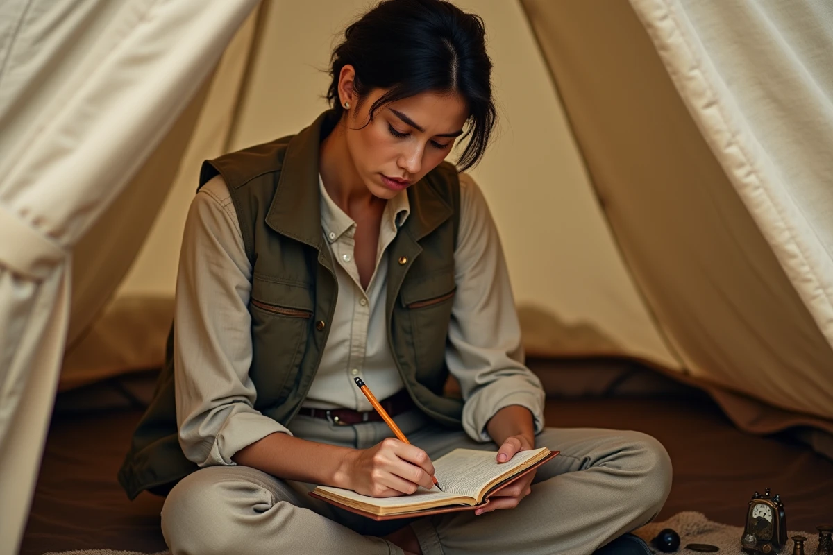 Exploratrice prenant des notes dans un journal à l'intérieur d'une tente de campagne, représentant la gestion du temps et la progression dans Clair Obscur Expedition 33