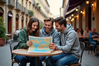 Jeune garçon avec ses parents devant une carte en plein air