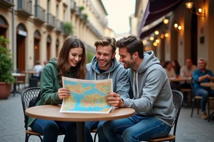 Jeune garçon avec ses parents devant une carte en plein air