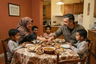 Famille musulmane lyonnaise réunie pour rompre le jeûne du Ramadan autour d'une table garnie de dattes et de harira