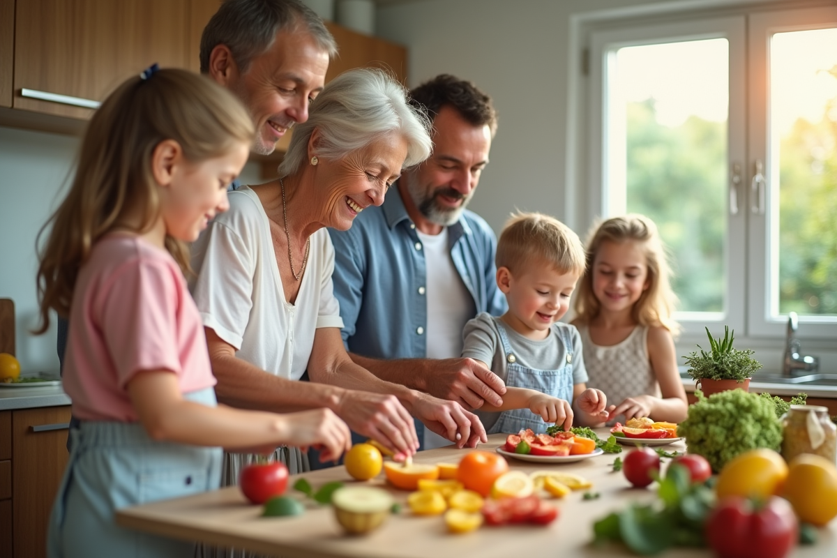 Famille multigeneration préparant des fruits dans une cuisine lumineuse