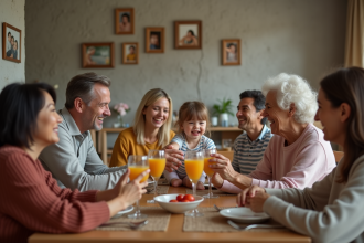 Famille multigenerational partageant un toast convivial