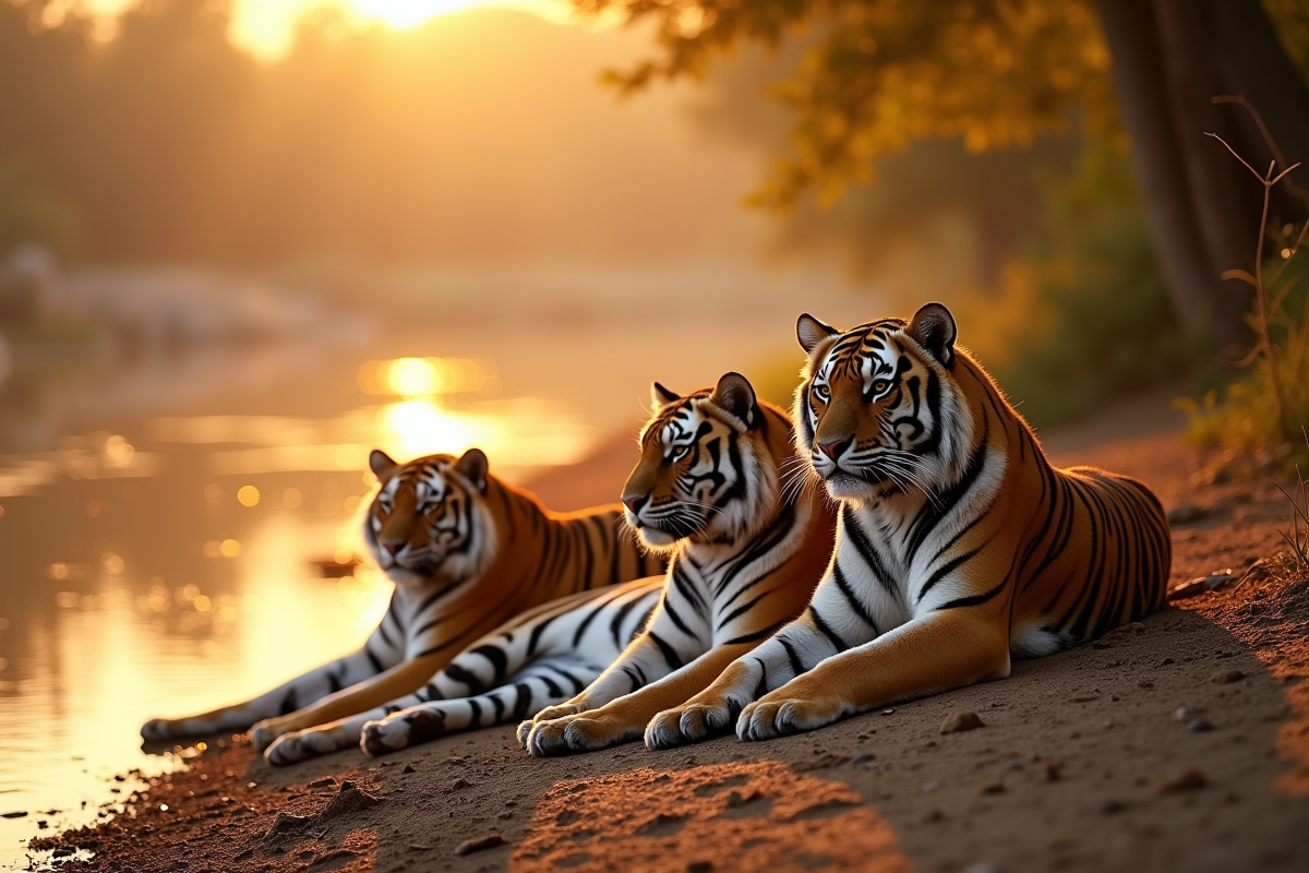 Famille de tigres au bord de la rivière au lever du soleil